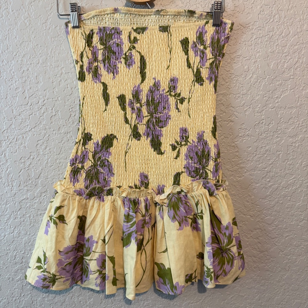 Peppermayo Floral Smocked Strapless Mini Dress Size 6 Yellow Purple Boho Summer - Picture 6 of 8